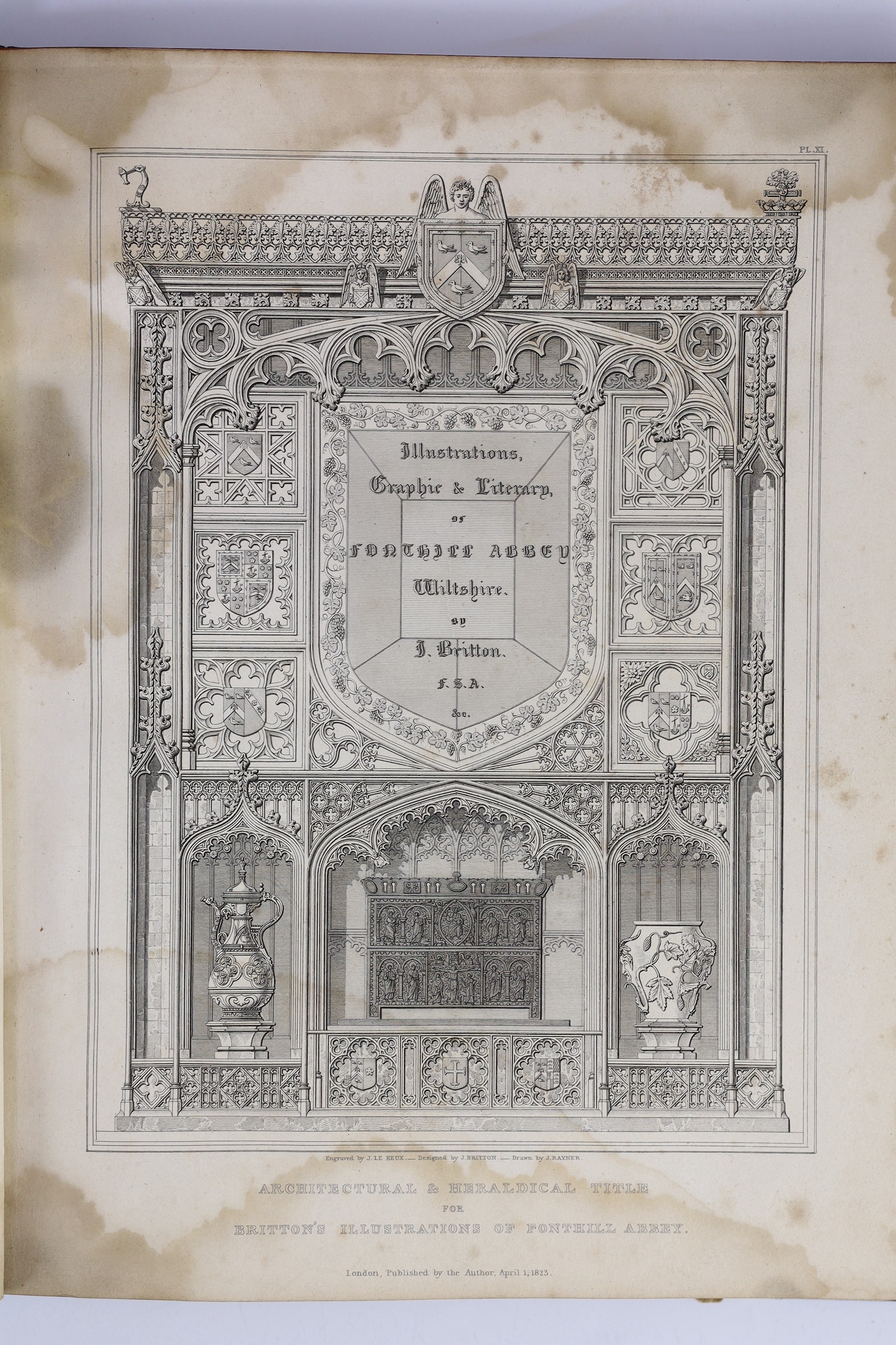 SOMERSET: Britton, John - Graphical and Literary Illustrations of Fonthill Abbey, 4to, half calf, with engraved title and 1 only plates, 2 of the hand-coloured, front fly leaf, frontis and title stained, London, 1823, bo